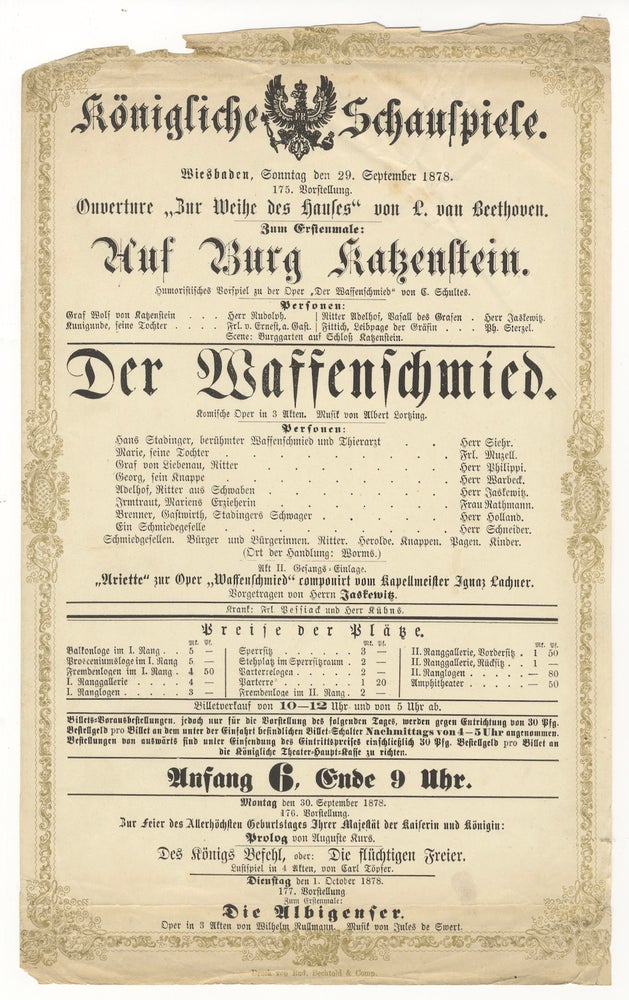 Item #34664 Broadside playbill for a performance in Wiesbaden at the Königliche Schauspiele on 29 September 1878 published by Rud. Bechtold & Comp. Ludwig van BEETHOVEN.