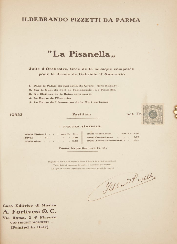 Item #34703 La Pisanella Suite d'Orchestre [Full score]. Signed by the composer. Ildebrando PIZZETTI.