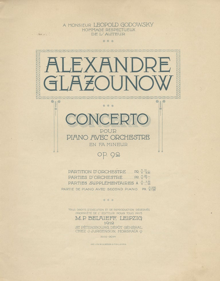 Item #34771 [Op. 92]. Piano Concerto No. 1 in F minor [2-piano reduction]. Aleksandr GLAZUNOV.