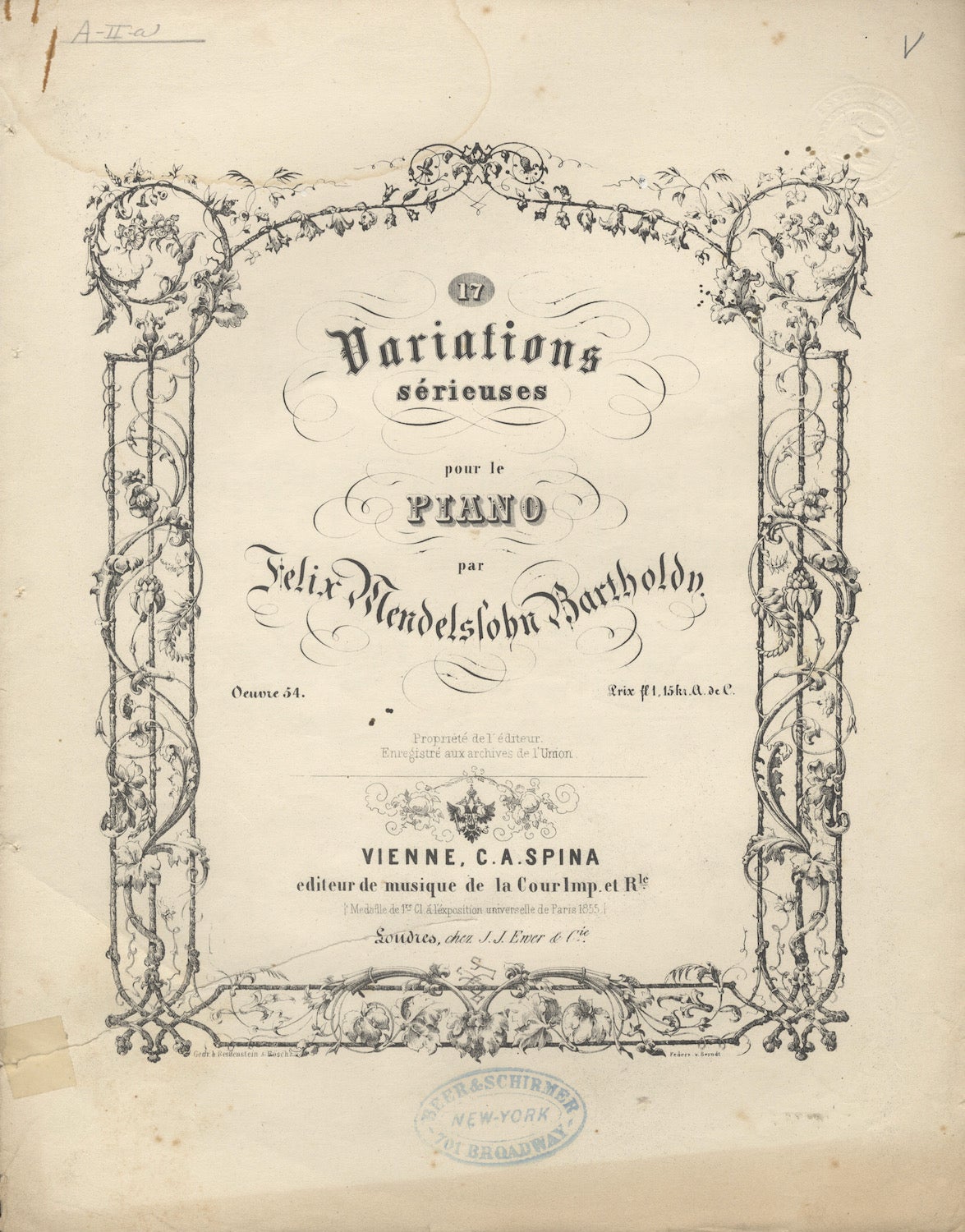 Op. 54 . 17 Variations Sérieuses Pour Le Piano .. | Felix MENDELSSOHN