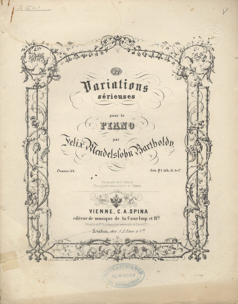Item #35286 [Op. 54]. 17 Variations sérieuses pour le Piano. Felix MENDELSSOHN.
