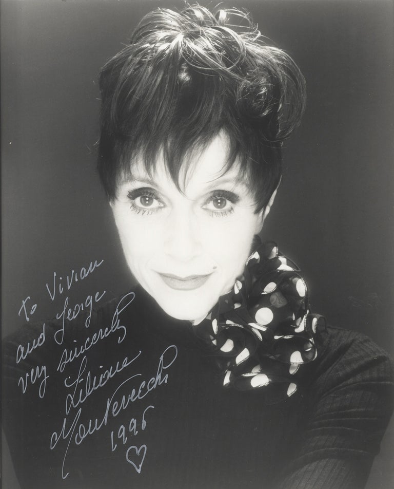 Item #35423 Bust-length photograph of the French-born actress, dancer, and singer, inscribed and signed in full in silver ink, dated 1996. Liliane MONTEVECCHI.
