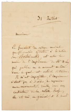 Item #35434 Autograph letter signed ("H. Berlioz") regarding his article on Dmitri Bortnyansky....