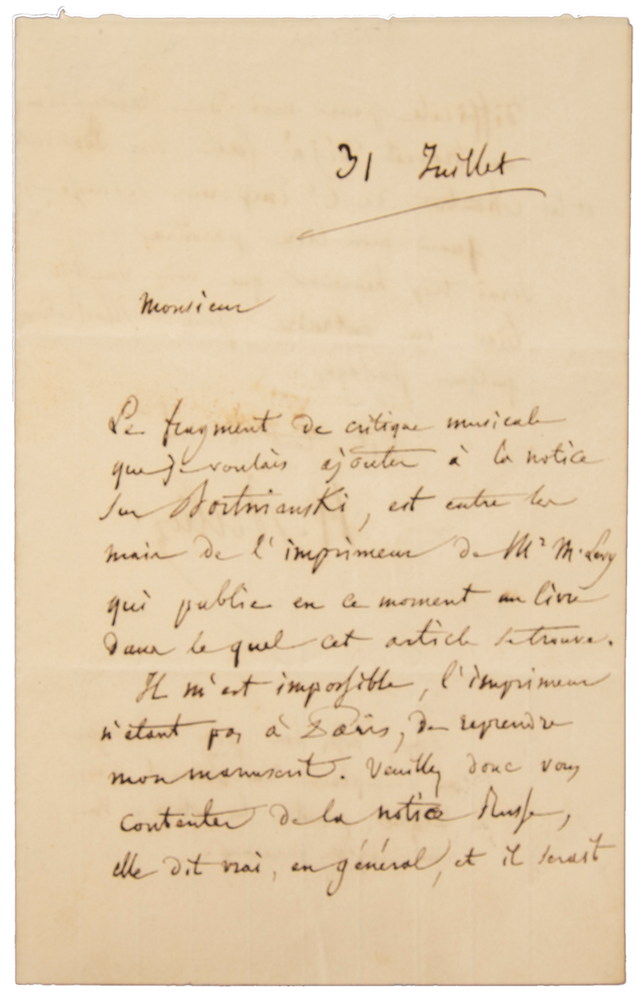 Item #35434 Autograph letter signed ("H. Berlioz") regarding his article on Dmitri Bortnyansky. Hector BERLIOZ.