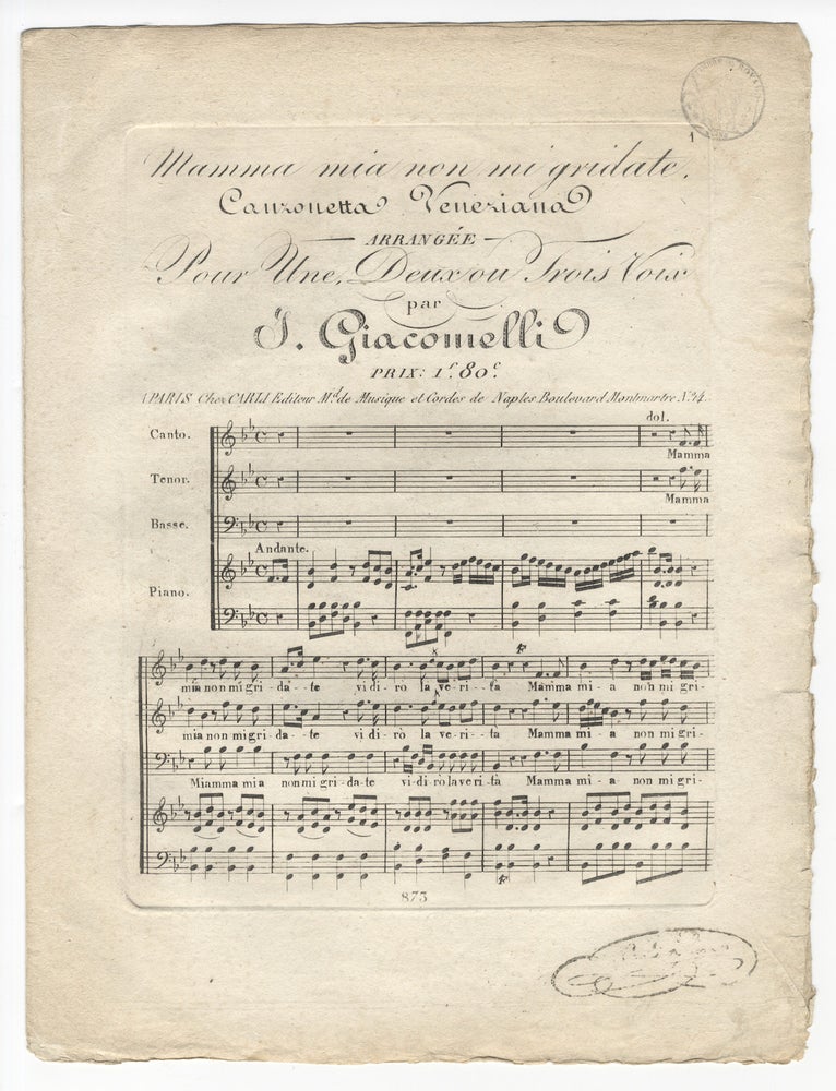 Item #36089 Mamma mia non mi gridate Canzonetta Veneziana Arrangée Pour Une, Deux ou Trois Voix par G. Giacomelli Pirx: 1f. 80c. [For vocal trio and piano]. CIMADOR.