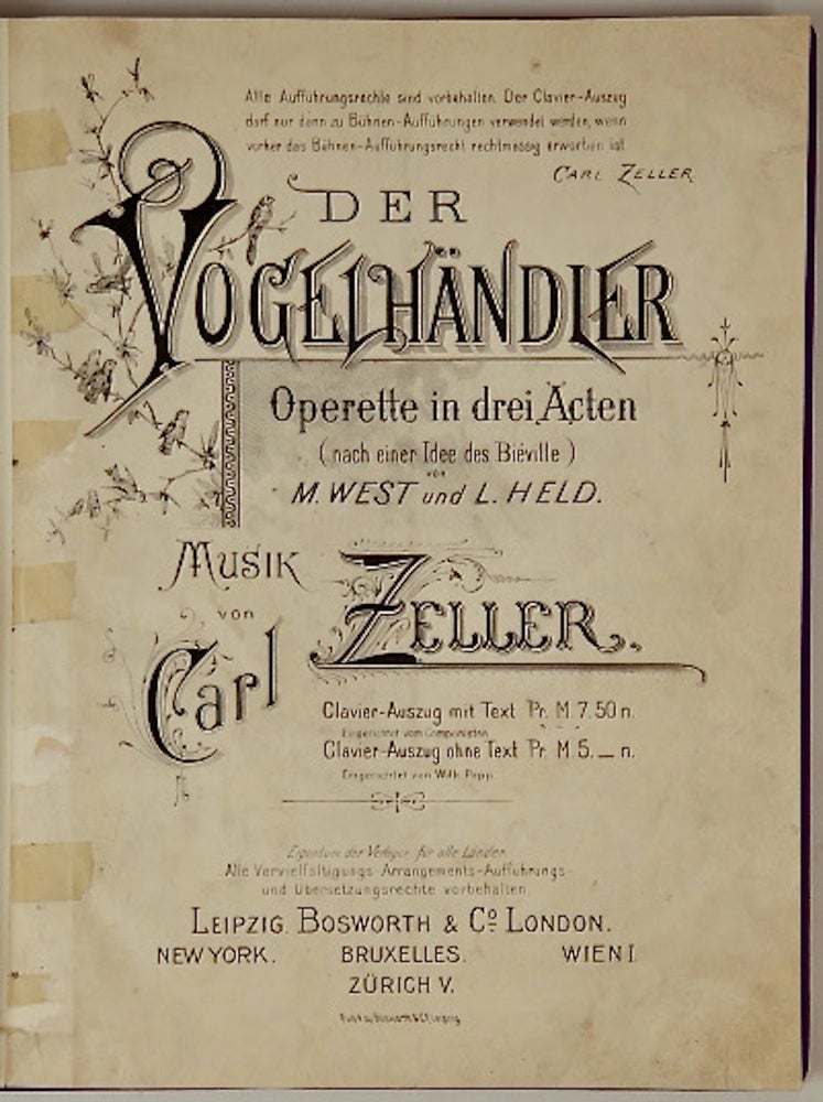 Item #36187 Der Vogelhandler [Piano-vocal score]. Carl ZELLER.