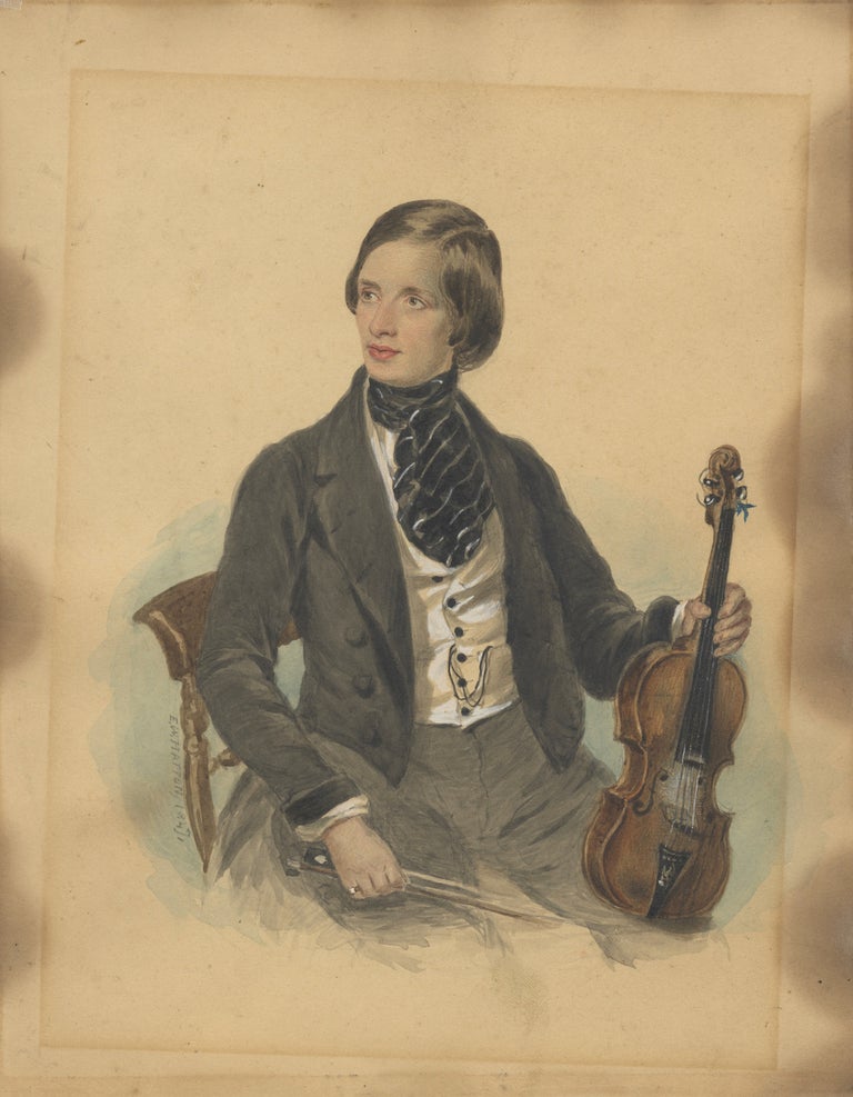 Item #36338 Original watercolor portrait of an unknown violinist, possibly Georg Hellmesberger Jr., VIOLINIST - Original 19th Century Watercolor Portrait.