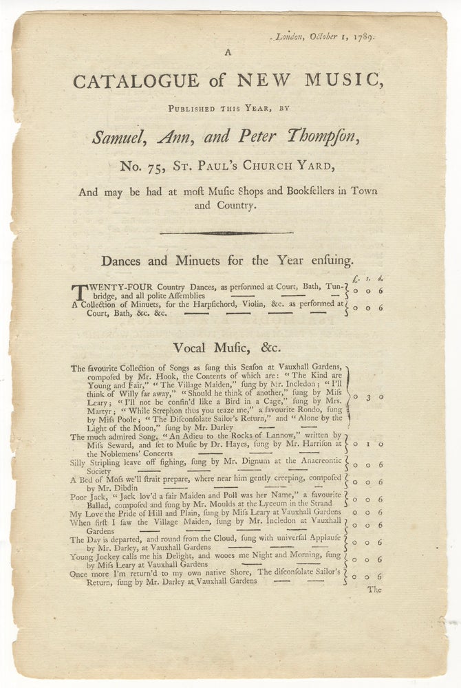 Item #36363 A Catalogue of New Music, published this year. MUSIC PUBLISHER'S CATALOGUE - English - 18th Century.