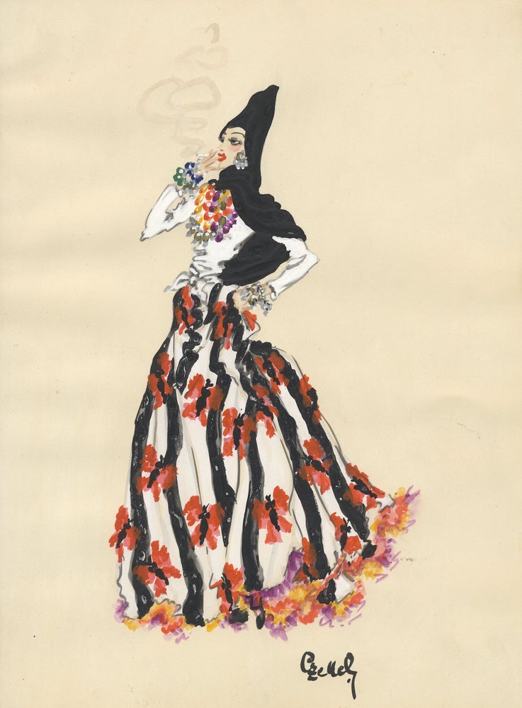 Item #36730 Original costume/fashion design in gouache and watercolor of a woman with flowing black hair, smoking a cigarette, in colorful dress, wearing multi-colored necklaces and bracelets, DANCE.