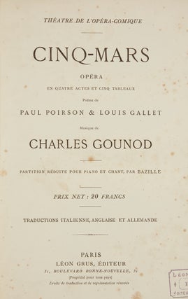 Item #36741 Cinq-Mars Opéra en Quatre Actes et Cinq Tableaux Poëme de Paul Poirson & Louis...
