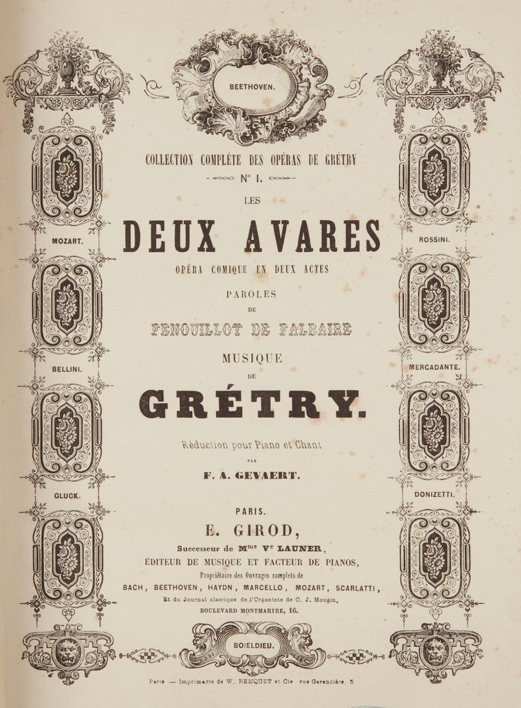 Item #36775 Les Deux Avares Opéra Comique en Deux Actes Paroles de Fenouillot de Falbaire ... Réduction pour Piano et Chant par F. A. Gevaert. [Piano-vocal score]. André-Ernest-Modeste GRÉTRY.