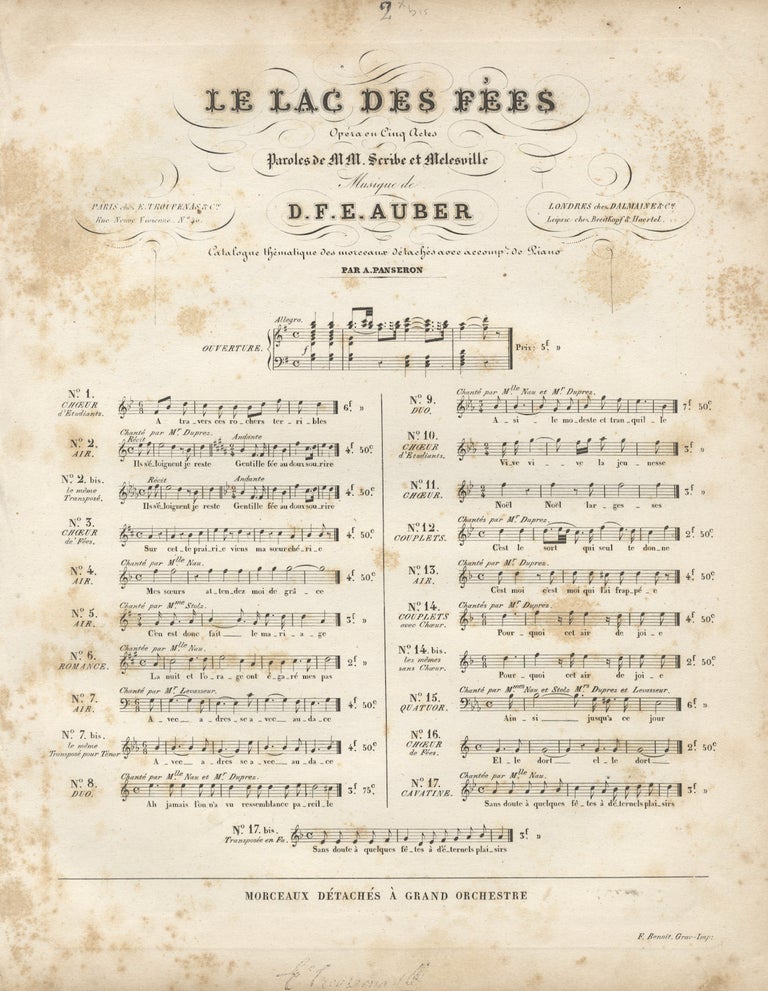 Item #36797 Le Lac Des Fées Opéra en Cinq Actes Paroles de MM. Scribe et Melesville. [Piano-vocal score]. Daniel-François-Esprit AUBER.