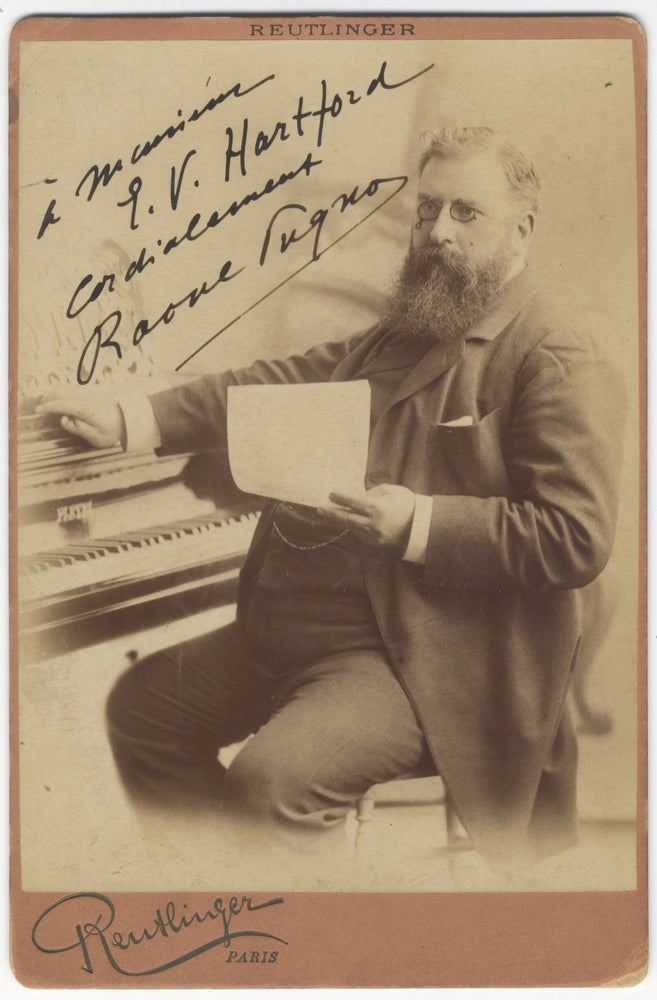 Item #37060 Fine cabinet card photograph by Reutlinger of Paris of the noted pianist seated at the keyboard. With a signed autograph inscription; "à mon E.V. Hartford cordialement Raoul Pugno." Undated, but ca. 1896. Raoul PUGNO.