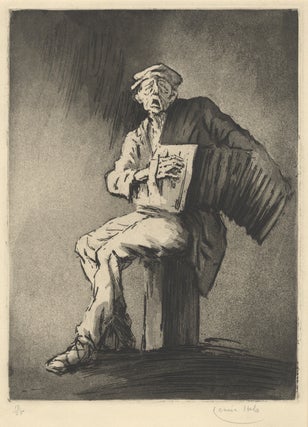 Item #37074 L'Accordéoniste. Fine etching and aquatint of an accordion player by French...