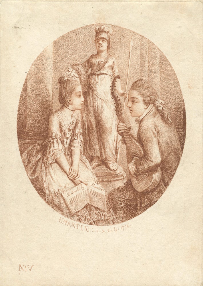 Item #37112 Oval stipple engraving printed in sepia depicting a singer and mandolinist with a statue of Athena in the background. MUSICAL INSTRUMENTS - 18th Century - English - Mandolin, Elias Martin.