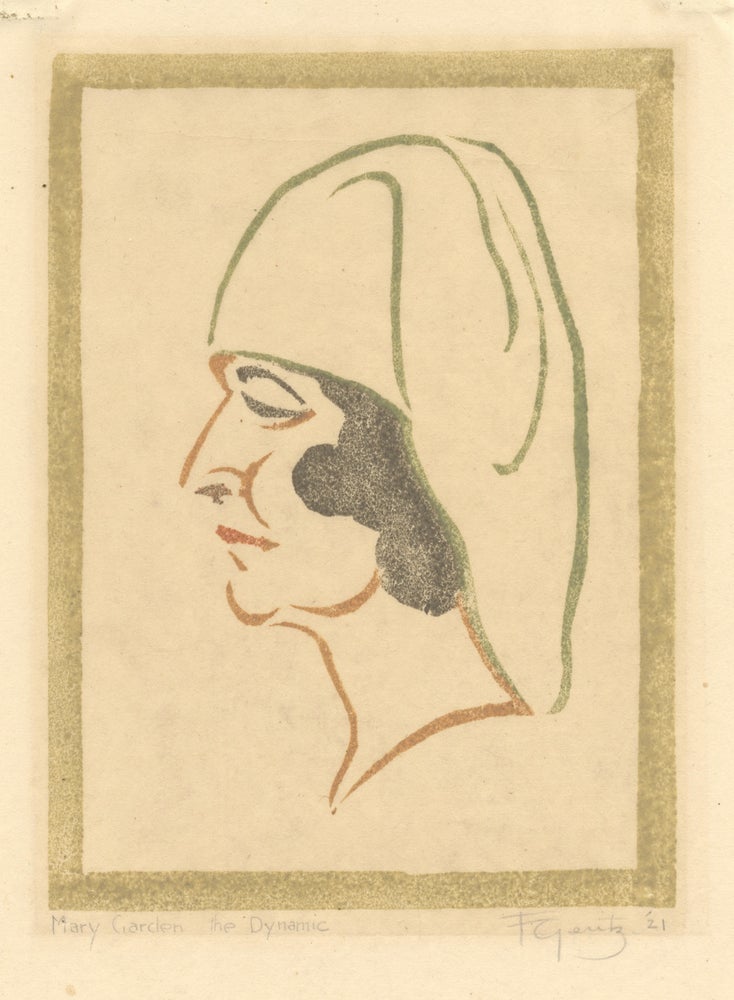 Item #37114 Mary Garden the Dynamic. Original portrait color woodcut. Titled and signed by the artist in pencil at lower right and dated 1921. Mary GARDEN, Franz Geritz, Frank.