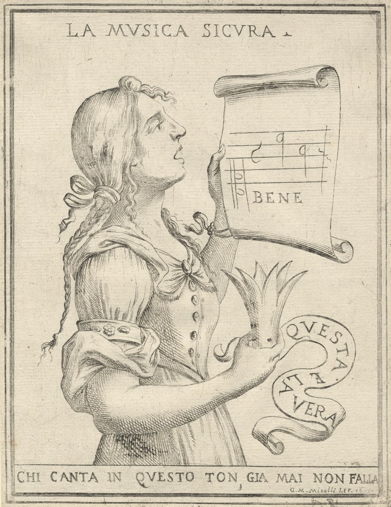 Item #37117 La Musica Sicura chi canta in questo ton, gia mai non falla [who sings in this way, never will err]. Etching. Signed and dated 1691 in the plate. Giuseppe Maria MITELLI.