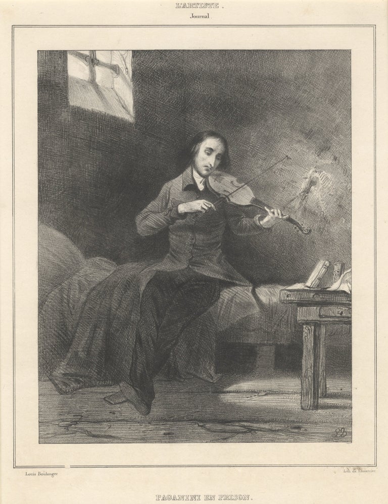 Item #37151 Paganini en Prison. Original lithograph, signed in the stone with the artist's initial's "LB." Printed by Lemercier and published in the journal "L'Artiste." Nicolò PAGANINI, Louis Boulanger.