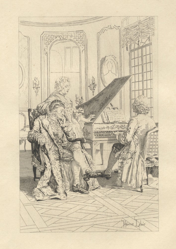 Item #37156 Jean-Jacques Rousseau, seated, listening to a young man performing on a double-manual harpsichord as a lady looks on. Etching. HARPSICHORD, Maurice Leloir.