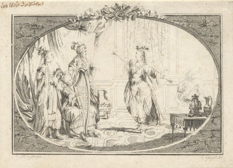 Item #37160 [Soliman Second, ou les Trois Sultanes]. Comedy with music by Paul César Gibert (1717-1787). Etching of a scene from the play by Laurent Guyot (1756-1806) after Jean-Michel Moreau le Jeune (1741-1814). Charles Simon Favart FAVART.