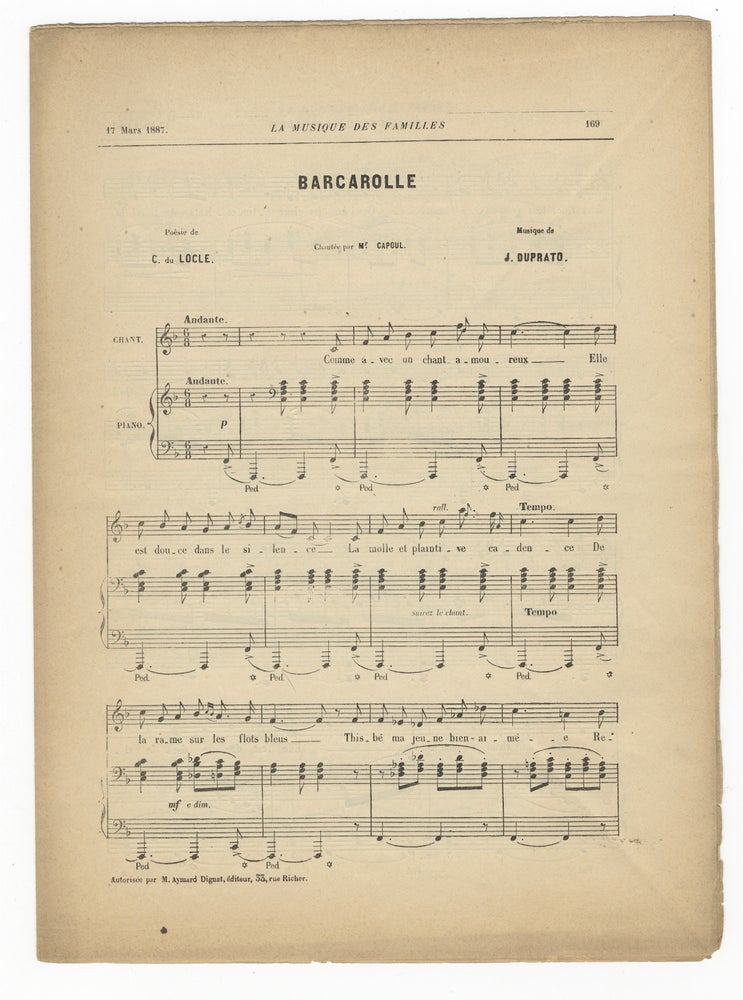 Item #37314 Barcarolle ... Poésie de C. du Locle. Chantée par Mr. Capoul. [Song for voice and piano]. Jules Laurent DUPRATO.