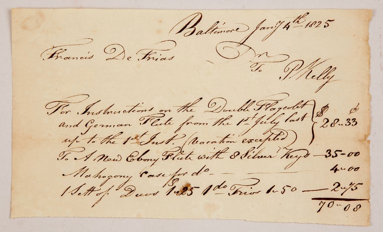Item #37968 Contemporary manuscript receipt for flute lessons dated "Baltimore Jany. 4th 1825" FLUTE.
