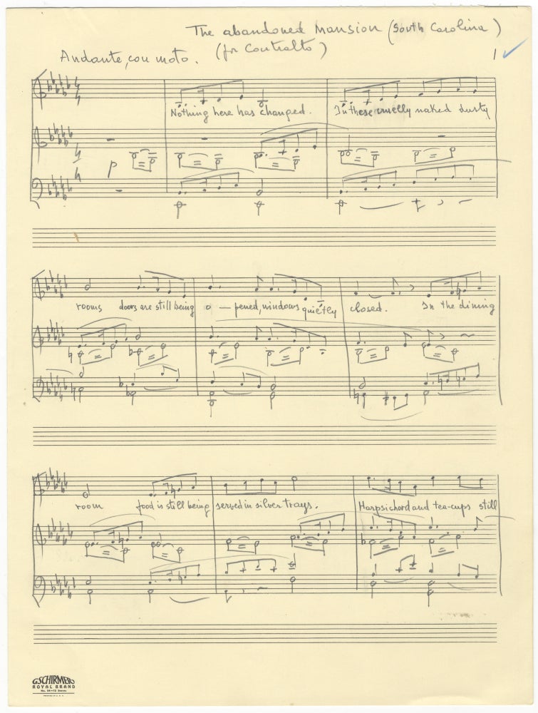 Item #38289 The Abandoned Mansion (South Carolina). Song for contralto voice and piano from the composer's cantata "Landscapes and Remembrances." Autograph musical manuscript signed. Ca. 1976. Gian Carlo MENOTTI.