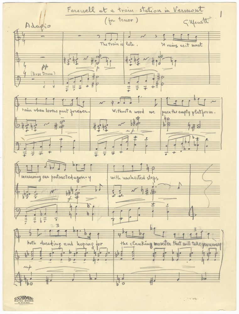 Item #38293 Farewell at a Train Station in Vermont. Song for tenor voice and piano from the composer's cantata "Landscapes and Remembrances." Autograph musical manuscript signed. Ca. 1976. Gian Carlo MENOTTI.