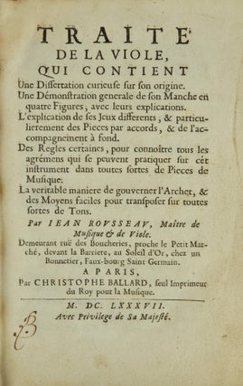Item #38597 Traité de la Viole, qui contient Une Dissertation curieuse sur son origine. Une...