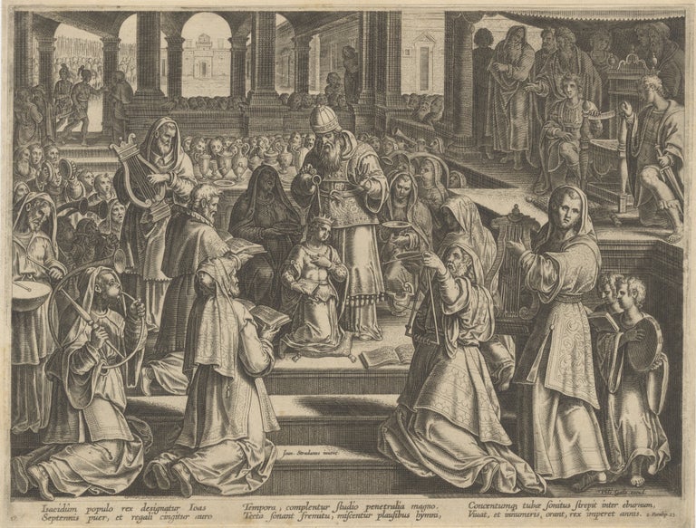 Item #38906 Engraving by Adriaen Collaert (ca. 1560-1618) after Jan van der Straet [Stradanus] (1523-1605) from the rare series Encomium Musices. MUSICAL INSTRUMENTS, Encomium Musices.