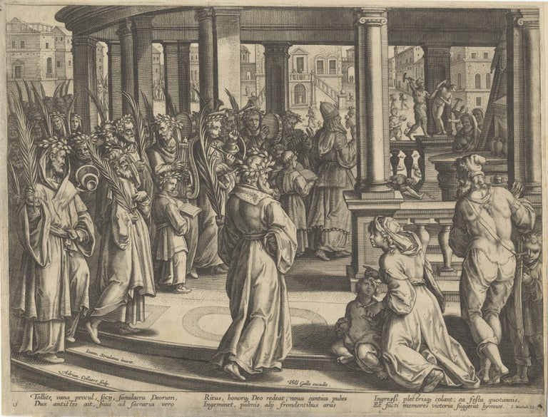 Item #38908 Engraving by Adriaen Collaert (ca. 1560-1618) after Jan van der Straet [Stradanus] (1523-1605) from the rare series Encomium Musices. MUSICAL INSTRUMENTS, Encomium Musices.
