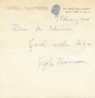 Item #39018 Autograph note signed in full. Virgil THOMSON