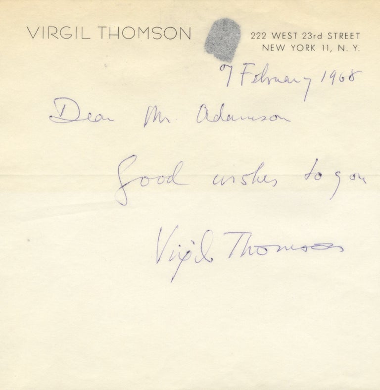 Item #39018 Autograph note signed in full. Virgil THOMSON.