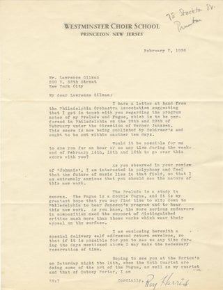 Item #39026 Typed letter signed to music critic Lawrence Gilman. Roy HARRIS