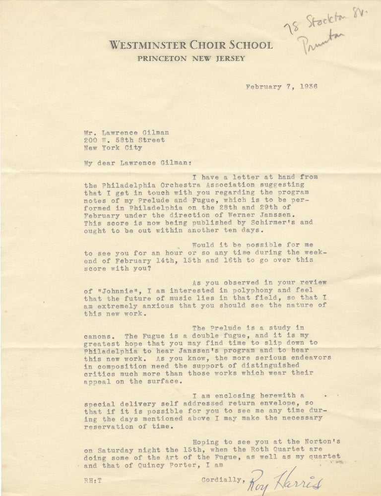 Item #39026 Typed letter signed to music critic Lawrence Gilman. Roy HARRIS.