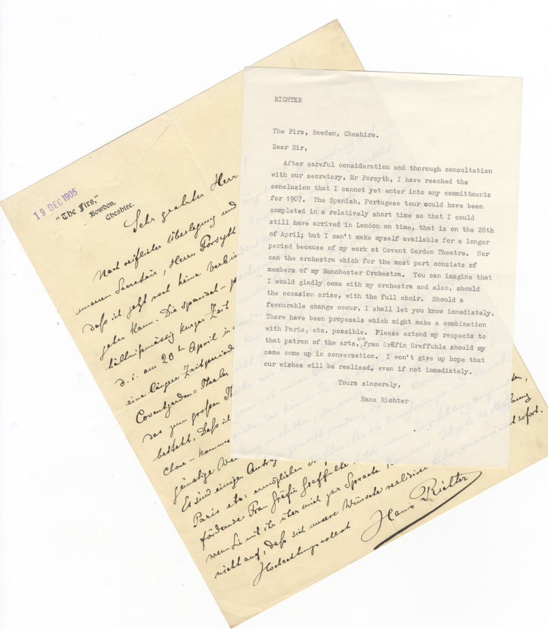 Item #39031 Autograph letter signed in full regarding conducting commitments for 1907. Hans RICHTER.