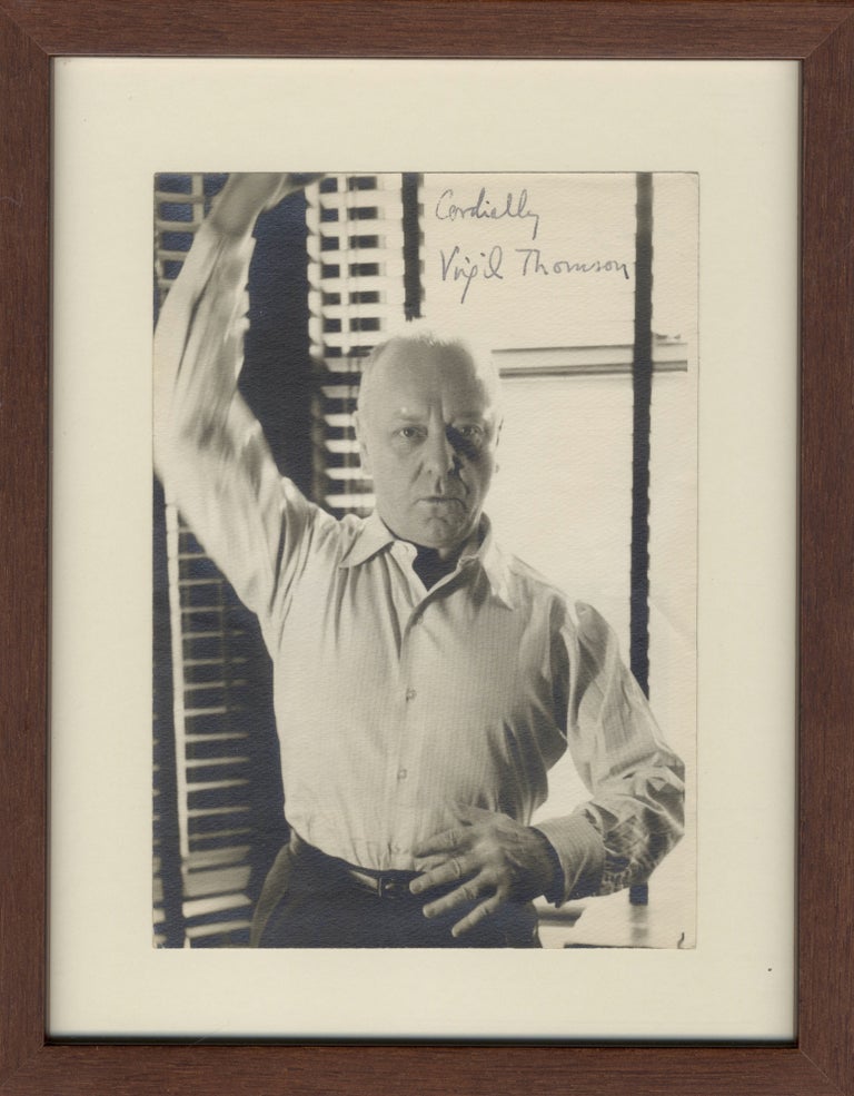 Item #39057 Original photograph signed "Cordially, Virgil Thomson" with autograph note to verso. Virgil THOMSON.