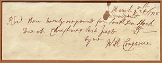 Autograph receipt signed "Will Congreve" and dated March 24, 1718