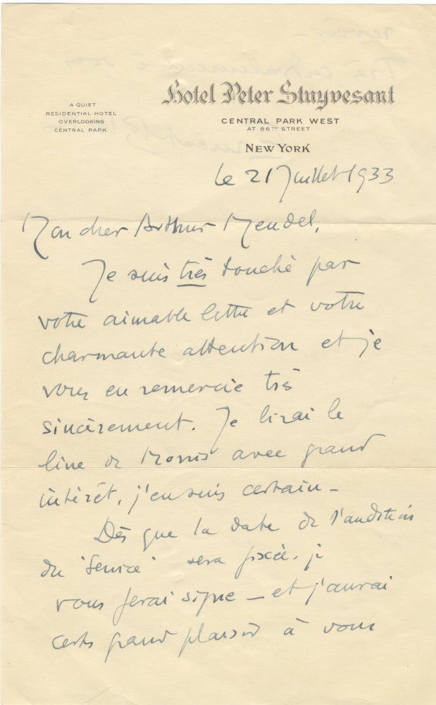 Item #39108 Autograph letter signed in full to noted musicologist, conductor, and music editor, Arthur Mendel. Ernest BLOCH.