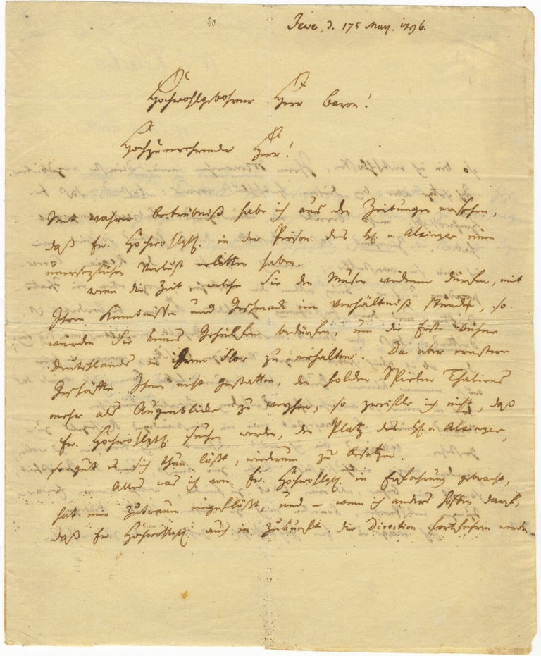 Item #39124 Autograph letter signed ("A. v. Kotzebue") to "Hochwohlgebohrerer Herr Baron!" August von KOTZEBUE.