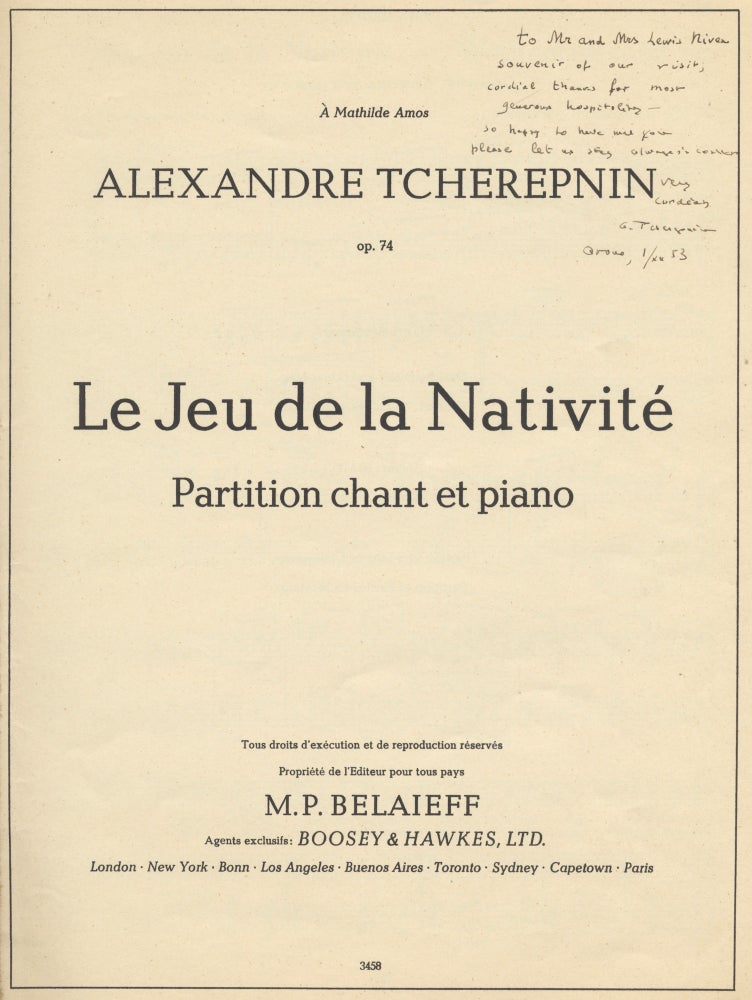Item #39140 Le Jeu de la Nativité Partition chant et piano ... À Mathilde Amos ... op. 74. For voice and piano. Alexander TCHEREPNIN.