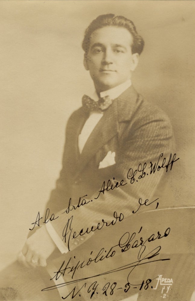Item #39154 Three-quarter length photographic portrait of the Spanish tenor in formal dress with autograph signature. Hipólito LÁZARO.