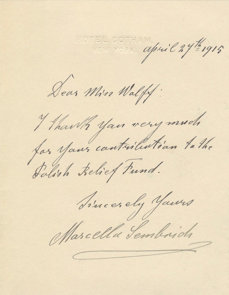 Item #39162 Autograph letter signed. Marcella SEMBRICH.
