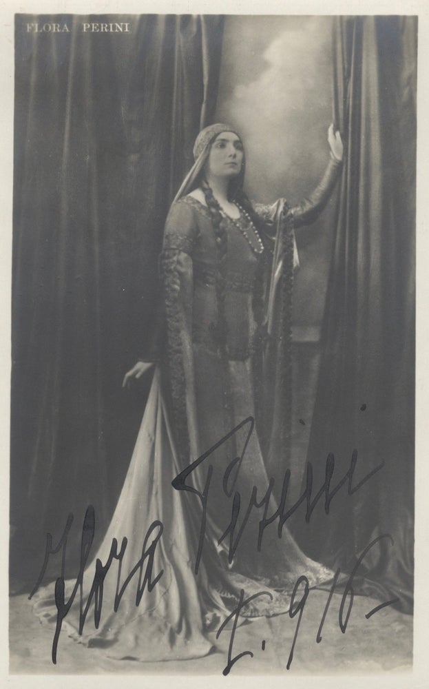 Item #39174 Full-length postcard photograph of the Italian mezzo-soprano in role portrait with autograph signature. Flora PERINI.
