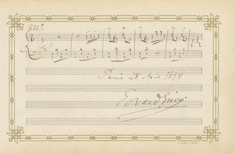 Item #39378 Autograph musical quotation from the composer's Piano Concerto in A minor, op. 16, signed in full. Edvard GRIEG.