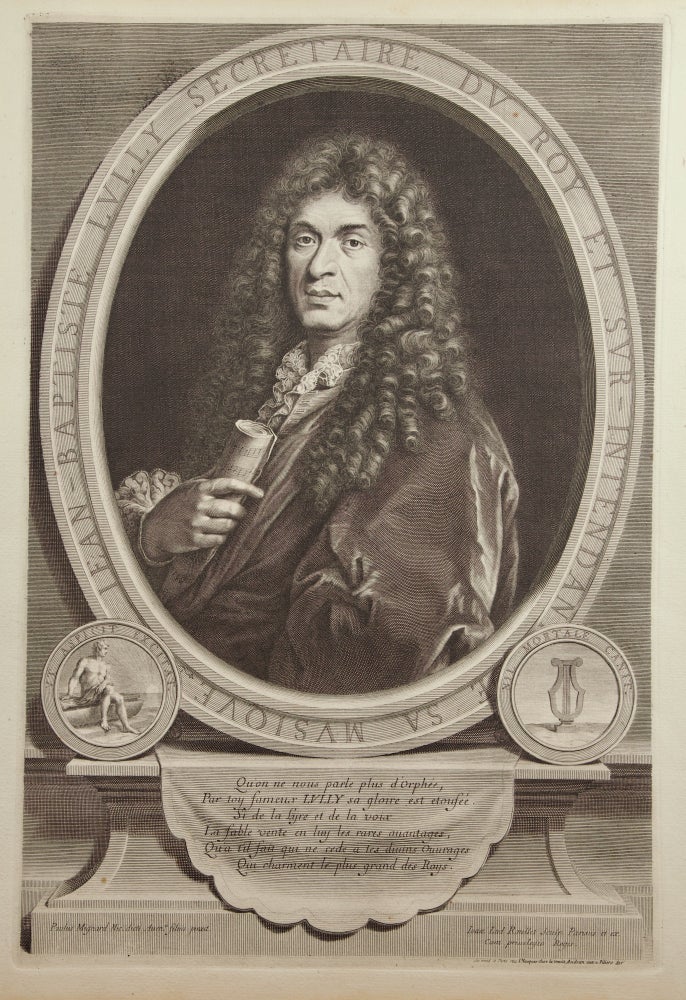 Item #39425 Fine large half-length portrait engraving by Jean-Louis Roullet (1645-1699) after Paulus Mignard (1639–1691) of the distinguished composer in formal dress holding a rolled musical manuscript. Jean-Baptiste LULLY.