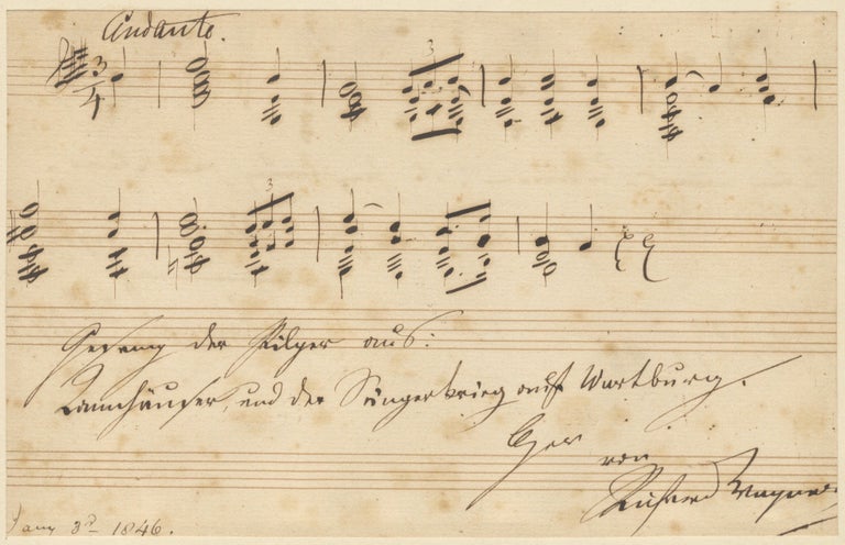 Item #39462 Autograph musical quotation from the "Pilgrims' Chorus" from Act III, scene I of the composer's opera, Tannhäuser, 1846. Signed. Richard WAGNER.