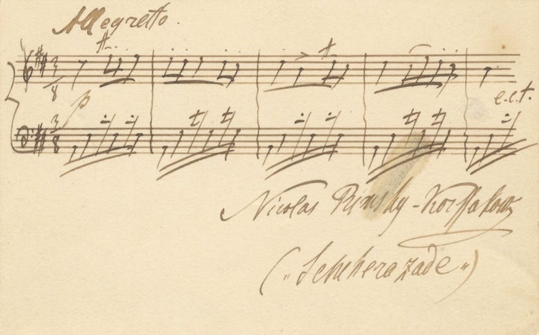 Item #39489 Autograph musical quotation from one of the composer's best known works, the symphonic suite Sheherazade, Op. 35, signed. Nikolay Andreyevich RIMSKY-KORSAKOV.