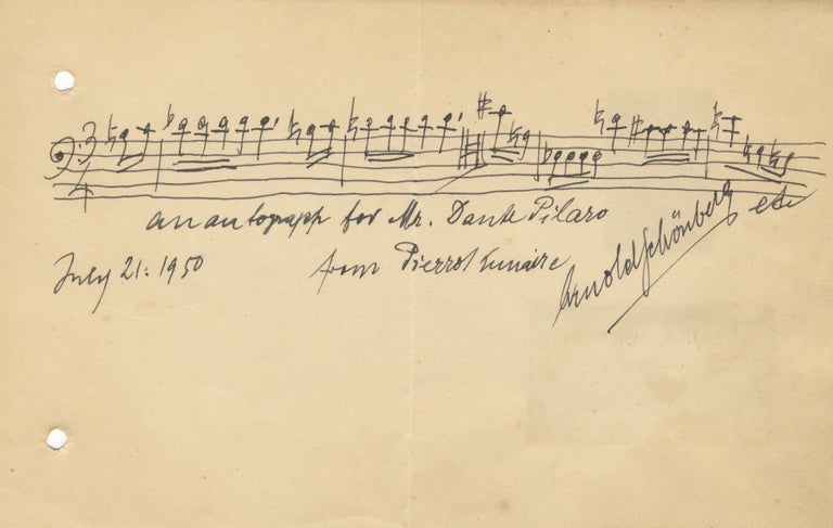 Item #39502 Autograph musical quotation from the composer's melodrama Pierrot Lunaire, op. 21. Signed in full. Arnold SCHOENBERG.