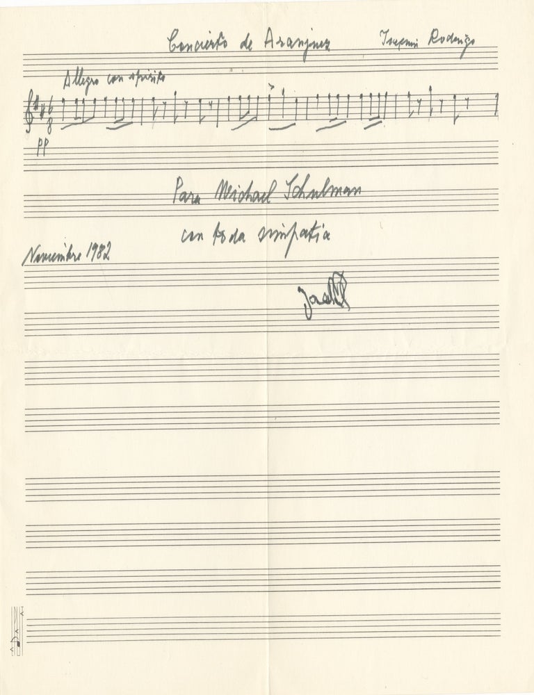 Item #39666 Musical quotation from the Concierto de Aranjuez, the work that established Rodrigo's reputation as one of the most significant Spanish composers of the 20th century. In the hand of the blind composer's wife and scribe, pianist Victoria Kamhi de Rodrigo (1905-1997). Signed by the composer. Joaquin RODRIGO.